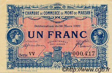 1 Franc FRANCE regionalism and various Mont-De-Marsan 1922 JP.082.41 AU+