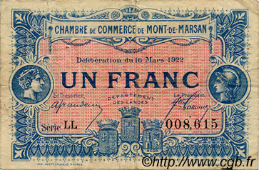 1 Franc FRANCE régionalisme et divers Mont-De-Marsan 1922 JP.082.41 TB