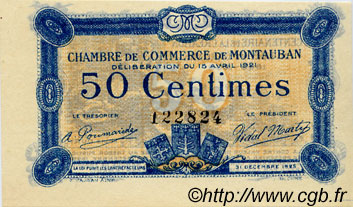 50 Centimes FRANCE regionalismo y varios Montauban 1921 JP.083.17 SC a FDC