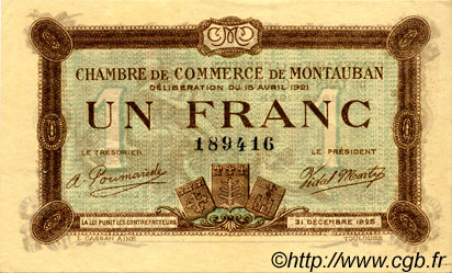 1 Franc FRANCE regionalismo e varie Montauban 1921 JP.083.19 BB to SPL
