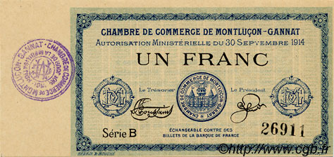 1 Franc FRANCE regionalismo y varios Montluçon, Gannat 1914 JP.084.02 SC a FDC
