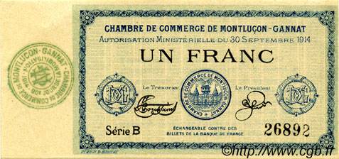1 Franc FRANCE Regionalismus und verschiedenen Montluçon, Gannat 1914 JP.084.05 fST to ST