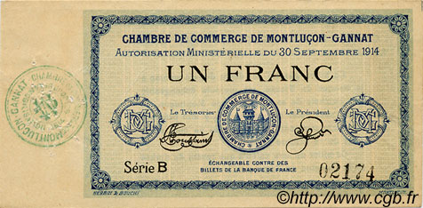 1 Franc FRANCE Regionalismus und verschiedenen Montluçon, Gannat 1914 JP.084.05 SS to VZ