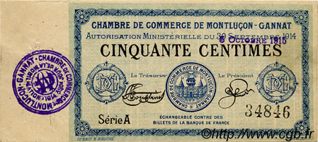 50 Centimes FRANCE Regionalismus und verschiedenen Montluçon, Gannat 1915 JP.084.13 SS to VZ