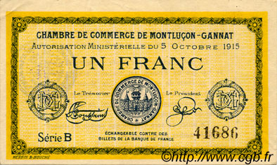 1 Franc FRANCE Regionalismus und verschiedenen Montluçon, Gannat 1915 JP.084.15 SS to VZ