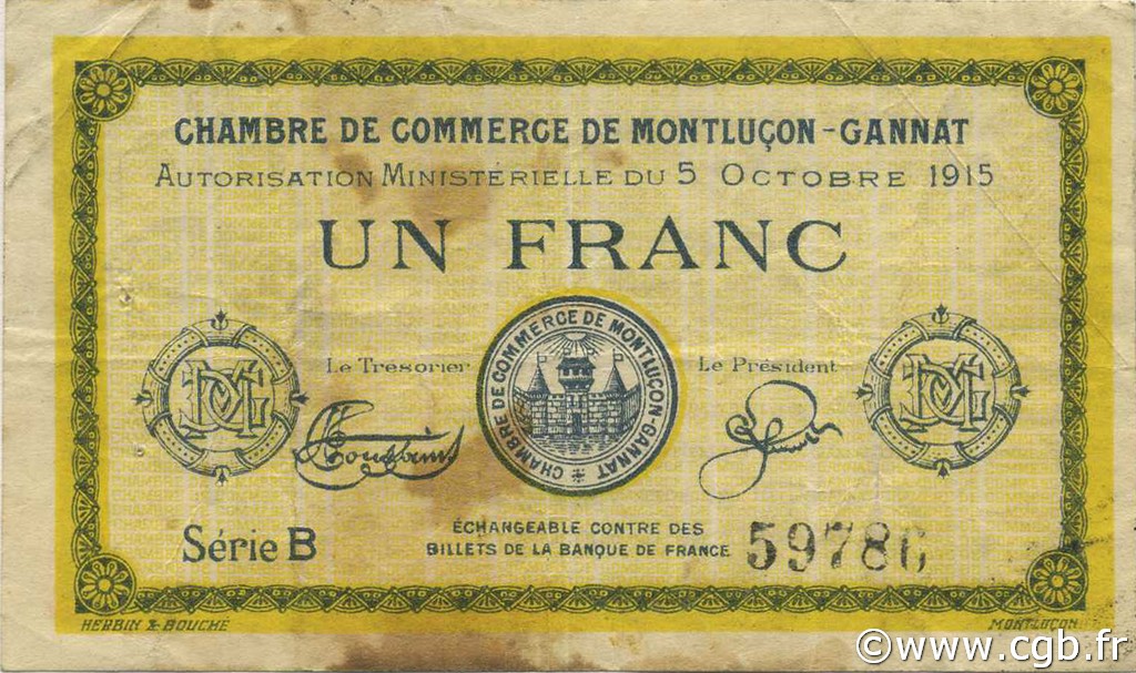 1 Franc FRANCE régionalisme et divers Montluçon, Gannat 1915 JP.084.15 TB