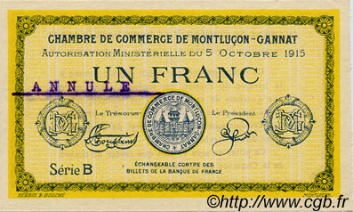 1 Franc Annulé FRANCE regionalismo y varios Montluçon, Gannat 1915 JP.084.16 SC a FDC