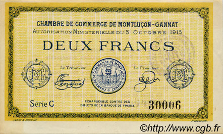 2 Francs FRANCE regionalismo y varios Montluçon, Gannat 1915 JP.084.18 SC a FDC
