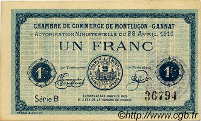 1 Franc FRANCE Regionalismus und verschiedenen Montluçon, Gannat 1916 JP.084.23 SS to VZ