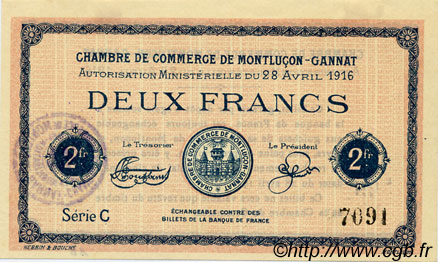 2 Francs FRANCE regionalismo y varios Montluçon, Gannat 1916 JP.084.26 MBC a EBC