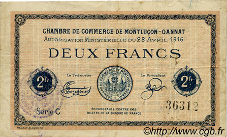 2 Francs FRANCE regionalism and various Montluçon, Gannat 1916 JP.084.26 F