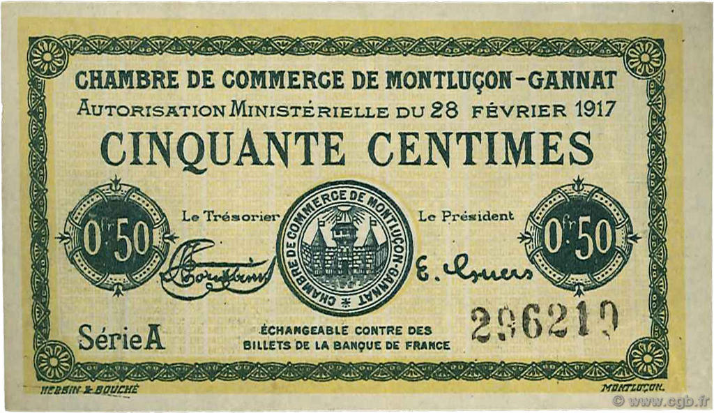 50 Centimes FRANCE regionalism and miscellaneous Montluçon, Gannat 1917 JP.084.28 F