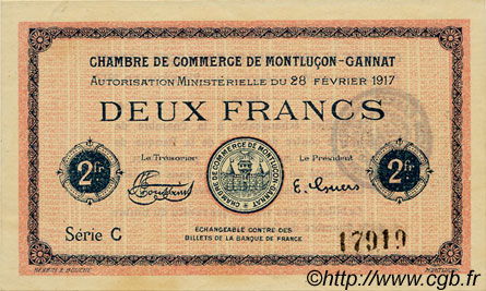 2 Francs FRANCE regionalismo e varie Montluçon, Gannat 1917 JP.084.33 AU a FDC