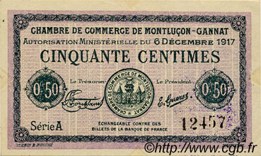 50 Centimes FRANCE Regionalismus und verschiedenen Montluçon, Gannat 1917 JP.084.35 SS to VZ