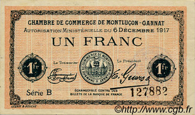 1 Franc FRANCE Regionalismus und verschiedenen Montluçon, Gannat 1917 JP.084.37 SS to VZ
