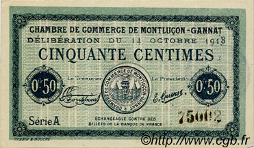 50 Centimes FRANCE Regionalismus und verschiedenen Montluçon, Gannat 1918 JP.084.40 SS to VZ