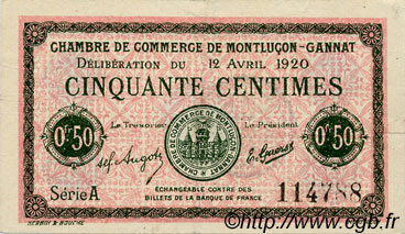 50 Centimes FRANCE regionalismo y varios Montluçon, Gannat 1920 JP.084.50 MBC a EBC