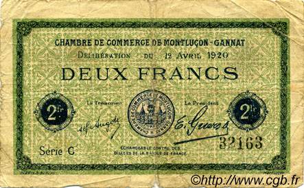 2 Francs FRANCE regionalismo y varios Montluçon, Gannat 1920 JP.084.54 BC