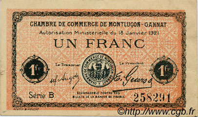 1 Franc FRANCE Regionalismus und verschiedenen Montluçon, Gannat 1921 JP.084.58 SS to VZ