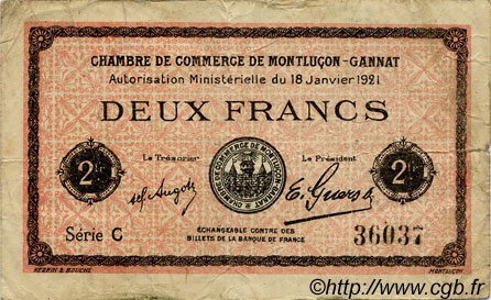 2 Francs FRANCE Regionalismus und verschiedenen Montluçon, Gannat 1921 JP.084.59 S