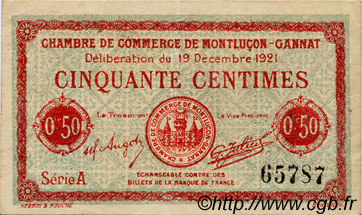 50 Centimes FRANCE regionalism and miscellaneous Montluçon, Gannat 1921 JP.084.61 VF - XF