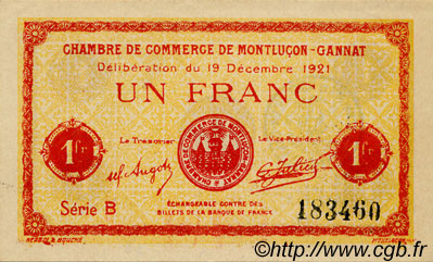 1 Franc FRANCE regionalismo y varios Montluçon, Gannat 1921 JP.084.63 SC a FDC