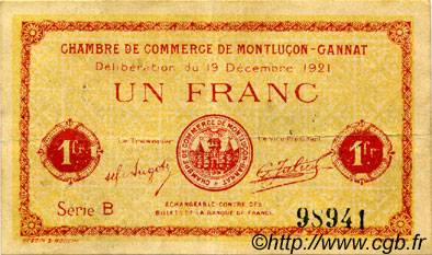 1 Franc FRANCE Regionalismus und verschiedenen Montluçon, Gannat 1921 JP.084.63 SS to VZ