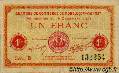 1 Franc FRANCE regionalism and various Montluçon, Gannat 1921 JP.084.63 F