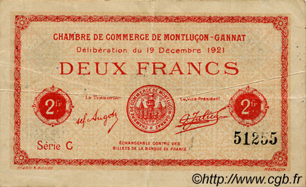 2 Francs FRANCE Regionalismus und verschiedenen Montluçon, Gannat 1921 JP.084.65 S