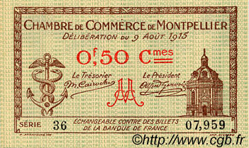 50 Centimes FRANCE regionalism and various Montpellier 1915 JP.085.01 AU+