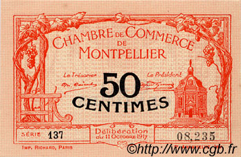 50 Centimes FRANCE regionalism and miscellaneous Montpellier 1917 JP.085.16 AU+