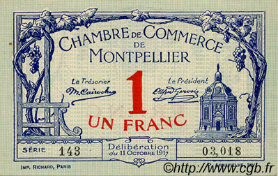 1 Franc FRANCE Regionalismus und verschiedenen Montpellier 1917 JP.085.18 fST to ST