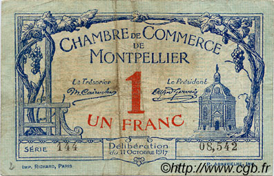 1 Franc FRANCE régionalisme et divers Montpellier 1917 JP.085.18 TB
