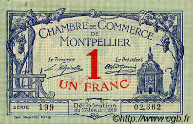 1 Franc FRANCE Regionalismus und verschiedenen Montpellier 1919 JP.085.21 SS to VZ
