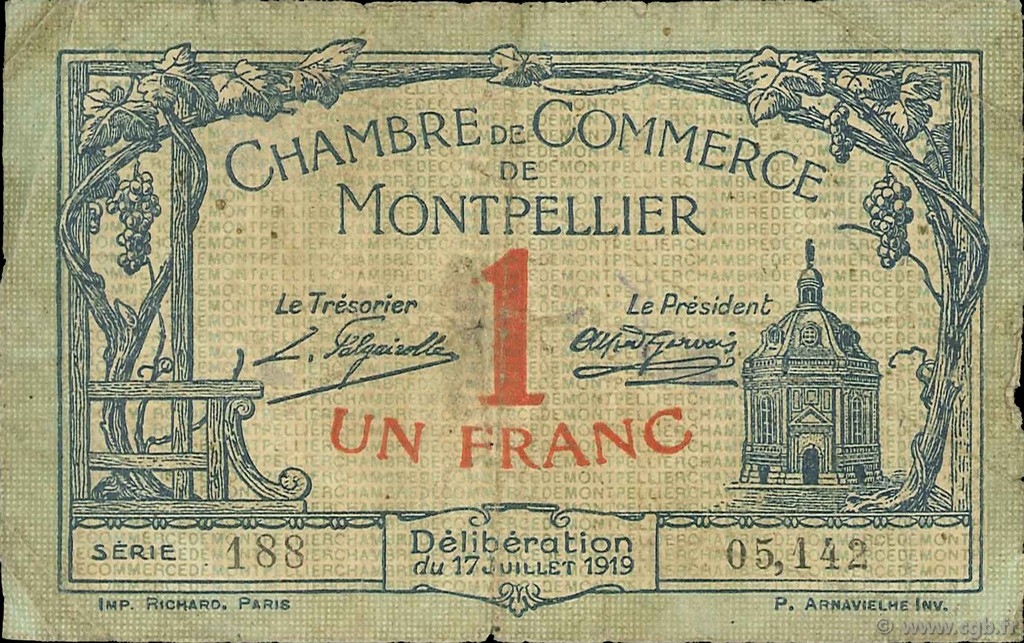 1 Franc FRANCE regionalismo y varios Montpellier 1919 JP.085.21 BC