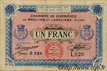 1 Franc FRANCE regionalism and various Moulins et Lapalisse 1916 JP.086.04 VF - XF