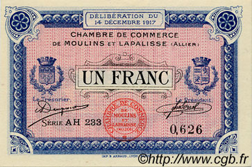 1 Franc FRANCE regionalism and various Moulins et Lapalisse 1917 JP.086.13 AU+