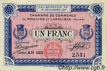 1 Franc FRANCE regionalism and various Moulins et Lapalisse 1917 JP.086.13 VF - XF