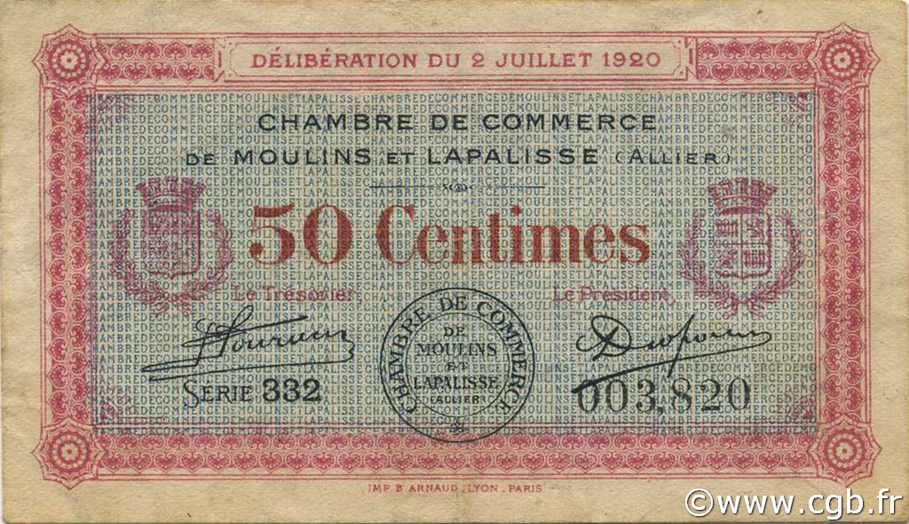 50 Centimes FRANCE Regionalismus und verschiedenen Moulins et Lapalisse 1920 JP.086.18 SS to VZ
