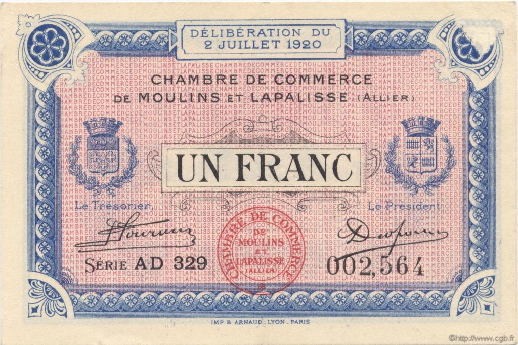 1 Franc FRANCE regionalismo e varie Moulins et Lapalisse 1920 JP.086.20 AU a FDC