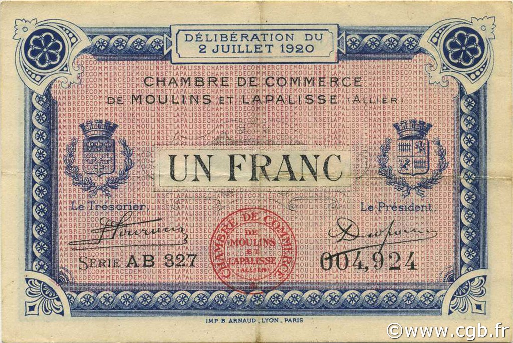 1 Franc FRANCE regionalismo e varie Moulins et Lapalisse 1920 JP.086.20 BB to SPL