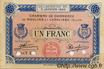 1 Franc Spécimen FRANCE régionalisme et divers Moulins et Lapalisse 1920 JP.086.21 TTB à SUP