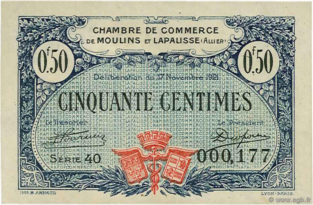 50 Centimes FRANCE Regionalismus und verschiedenen Moulins et Lapalisse 1921 JP.086.22 SS to VZ
