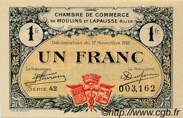 1 Franc FRANCE regionalism and various Moulins et Lapalisse 1921 JP.086.24 AU+