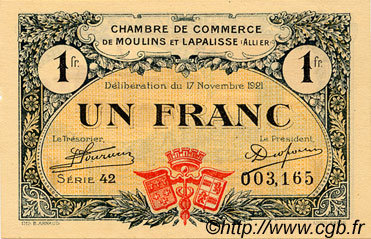 1 Franc FRANCE Regionalismus und verschiedenen Moulins et Lapalisse 1921 JP.086.24 SS to VZ