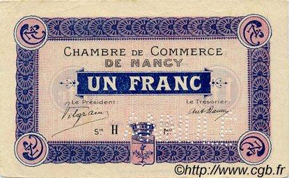 1 Franc Annulé FRANCE regionalism and various Nancy 1915 JP.087.04 VF - XF