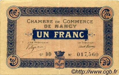 1 Franc FRANCE regionalism and miscellaneous Nancy 1915 JP.087.05 VF - XF