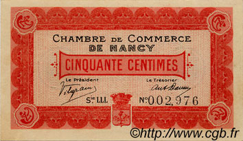 50 Centimes FRANCE regionalism and various Nancy 1916 JP.087.07 AU+