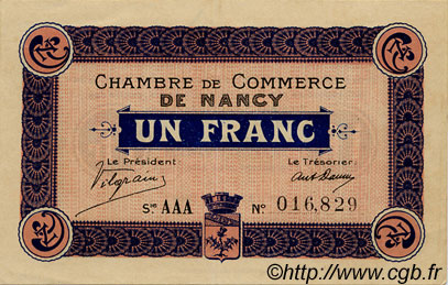 1 Franc FRANCE regionalism and various Nancy 1916 JP.087.08 VF - XF
