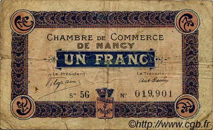 1 Franc FRANCE regionalismo y varios Nancy 1916 JP.087.11 BC